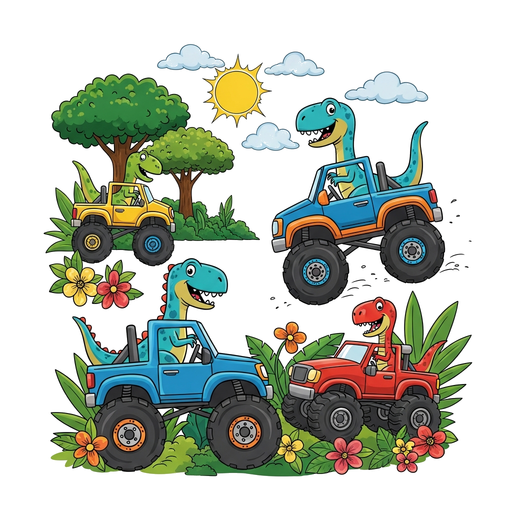 Custom design: A vibrant, playful illustration of cheerful cartoon dinosaurs driving colorful monster trucks through a lush, bright ...