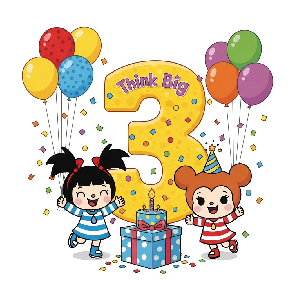 Custom design: A cheerful, vibrant illustration of Kiki and Miumiu from BabyBus 'Think Big' celebrating a birthday, with a big numbe...
