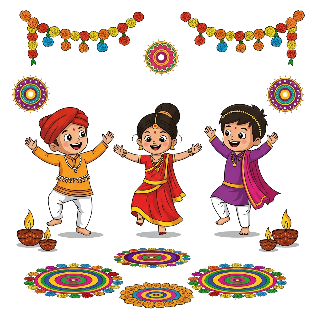 Custom design: A cheerful cartoon of children in traditional Indian attire, dancing with joy, surrounded by vibrant marigold garland...