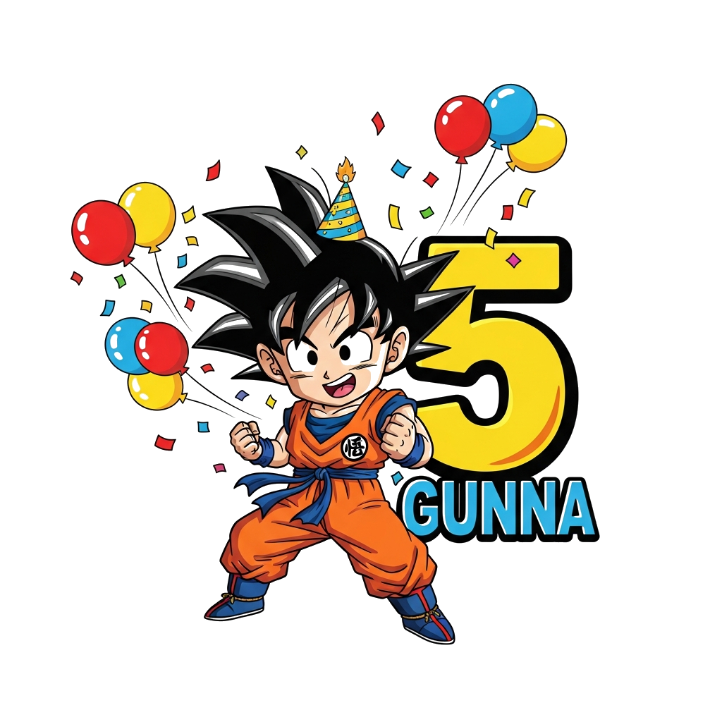 Custom design: A cute, chibi-style Goku in a Super Saiyan pose, wearing a tiny birthday hat, with colorful balloons and confetti exp...