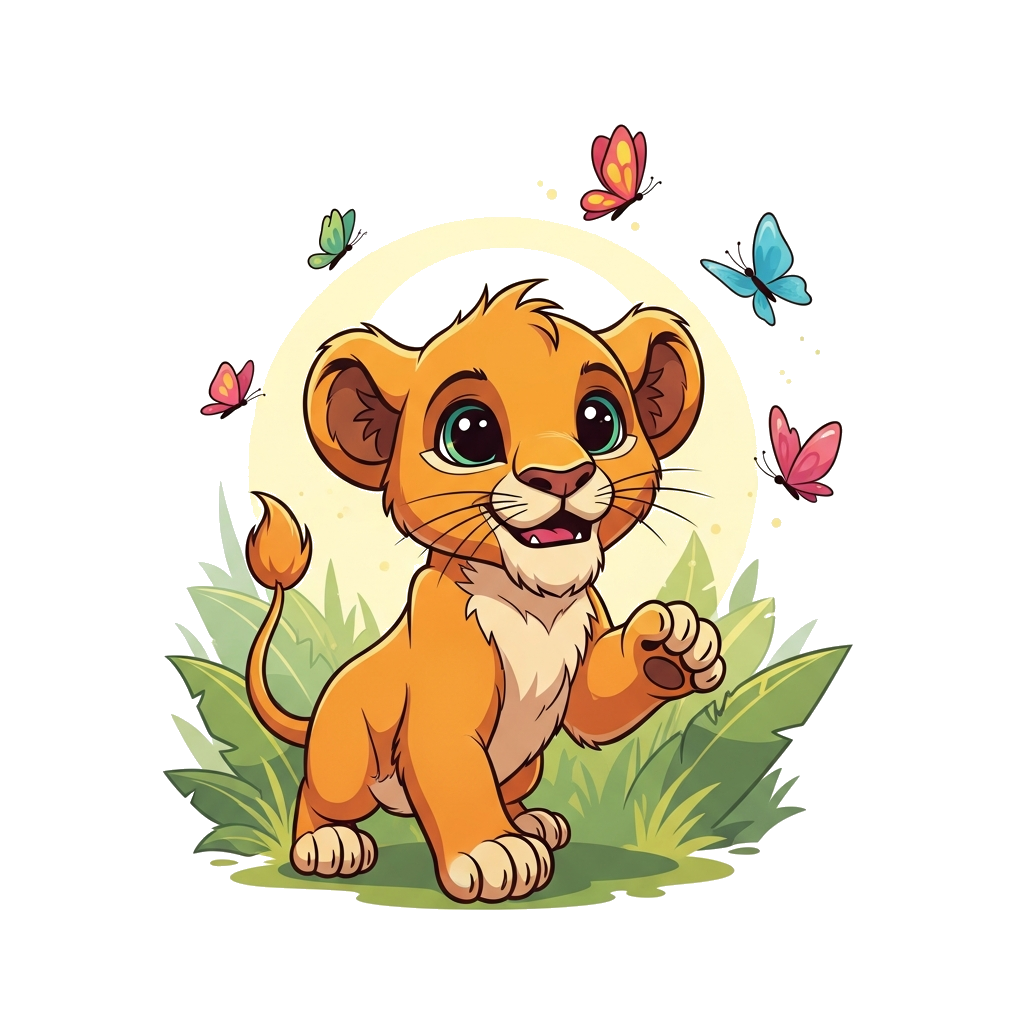 Custom design: A super cute, friendly cartoon lion cub with big, sparkling eyes, playfully chasing colorful butterflies in a vibrant...