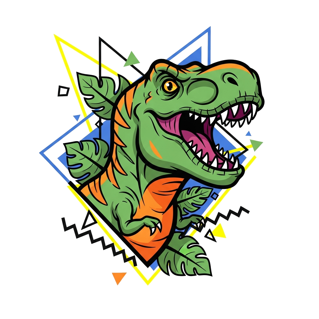 Custom design: A powerful, stylized cartoon T-Rex roaring with a confident expression, surrounded by sharp geometric lines and vibra...