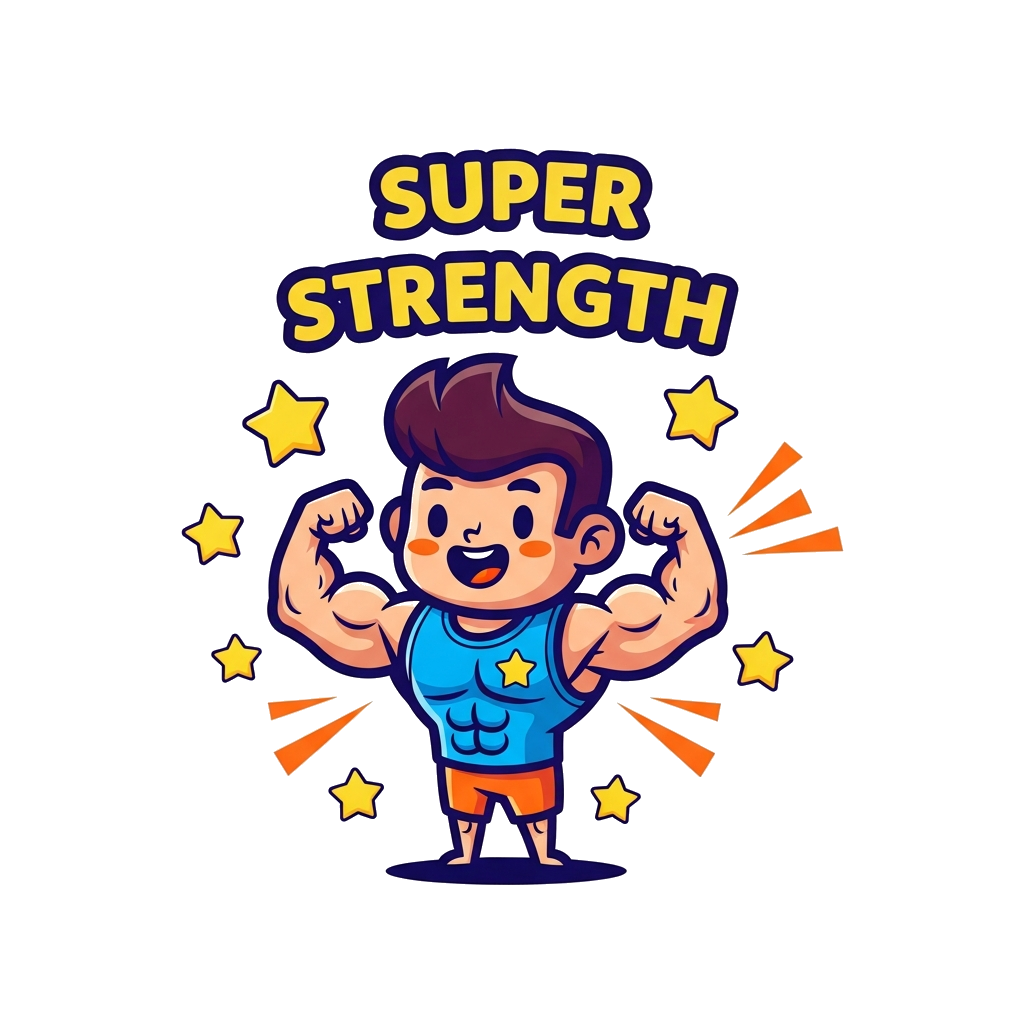 Custom design: A vibrant cartoon illustration of a cute, muscular character flexing with a cheerful expression, surrounded by playfu...