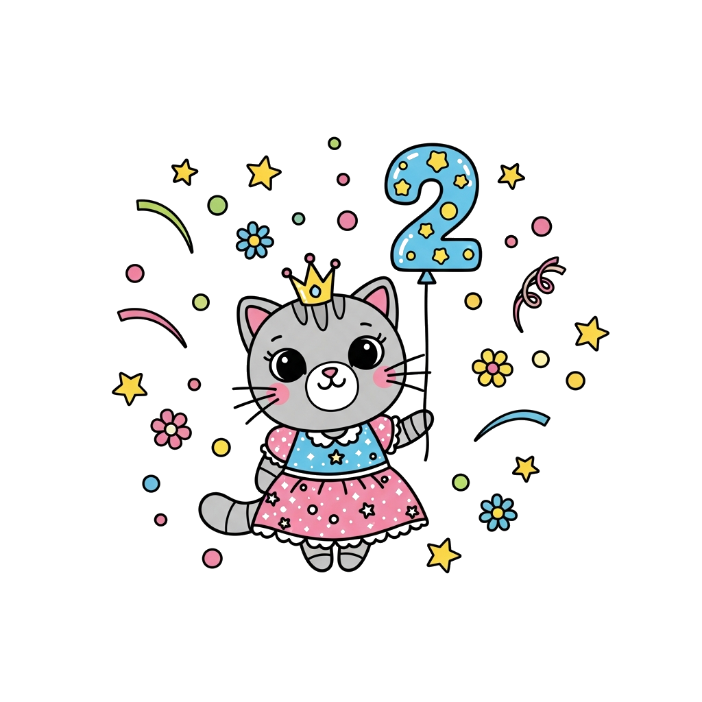 Custom design: A super cute cartoon cat dressed as a princess, wearing a tiny crown and a sparkling gown, holding a '2' shaped ballo...