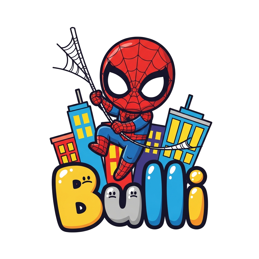 Custom design: A cute, chibi-style cartoon Spider-Man swinging playfully on a web, with the name 'Bulli' written in a fun, bubbly fo...
