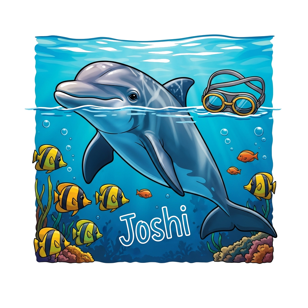 Custom design: A graceful, friendly dolphin swimming in clear blue ocean water, surrounded by colorful tropical fish. A pair of clas...