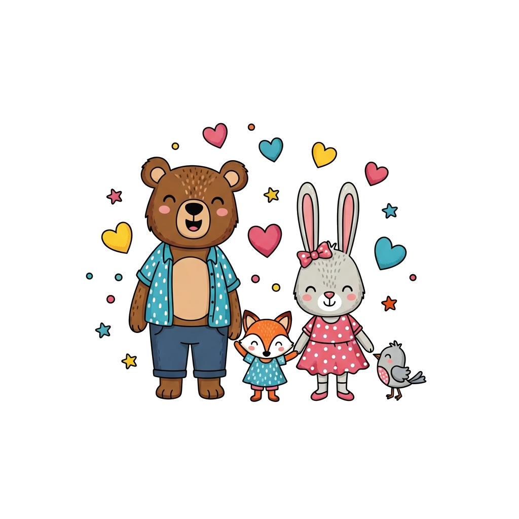 Custom design: A cheerful illustration of a diverse family of cute cartoon animals (e.g., a papa bear, mama rabbit, baby fox, and a ...