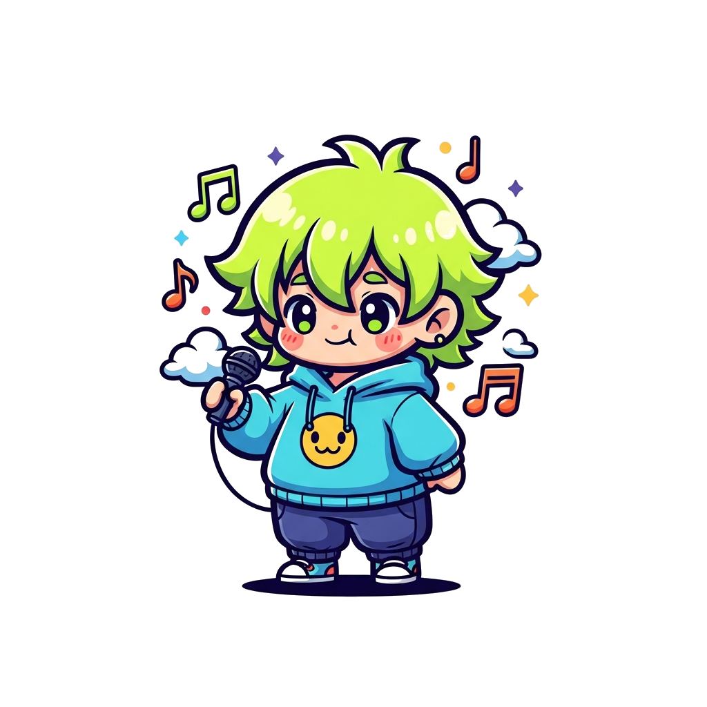Custom design: A super cute, chibi-style cartoon character with bright neon green hair and oversized, comfy clothes, holding a tiny ...