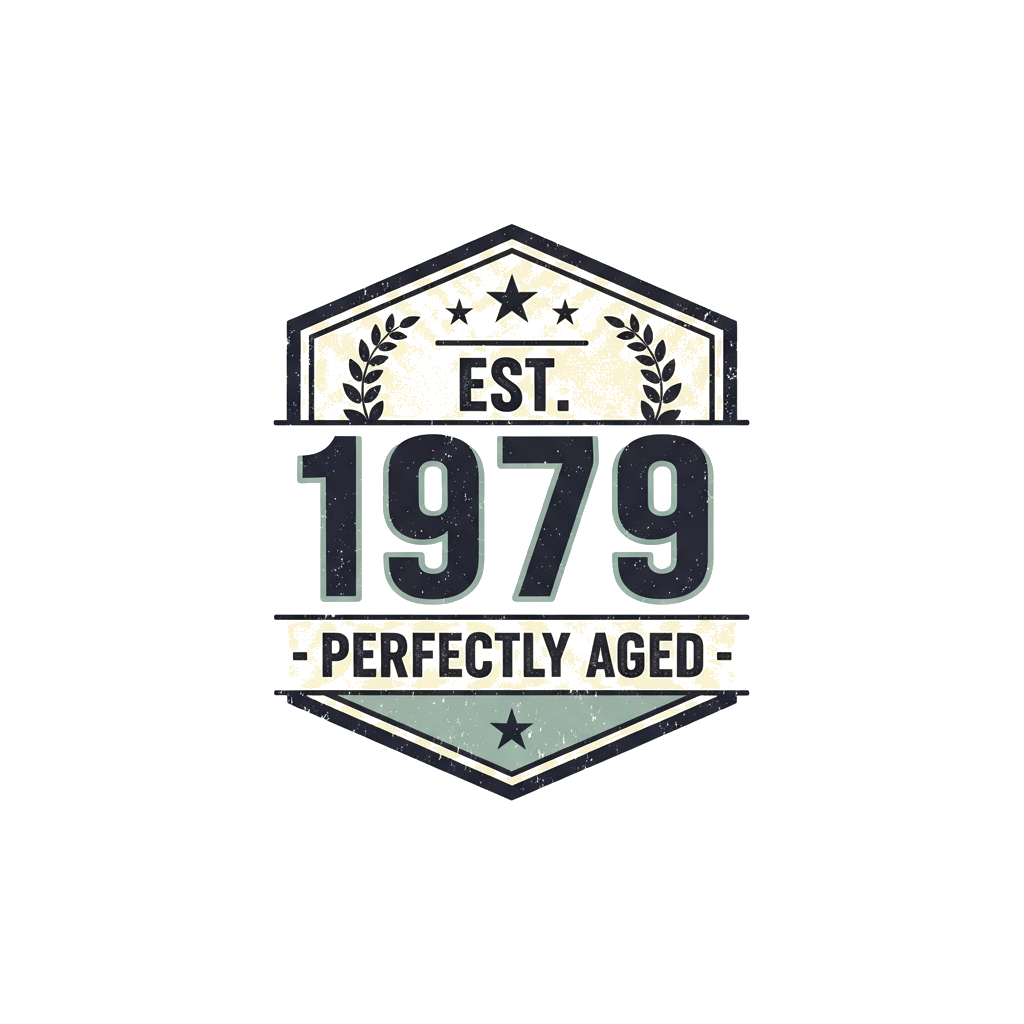 Custom design: A vintage-style crest or badge, with a slightly faded, distressed texture. Bold retro typography reads 'EST. 1979 - P...