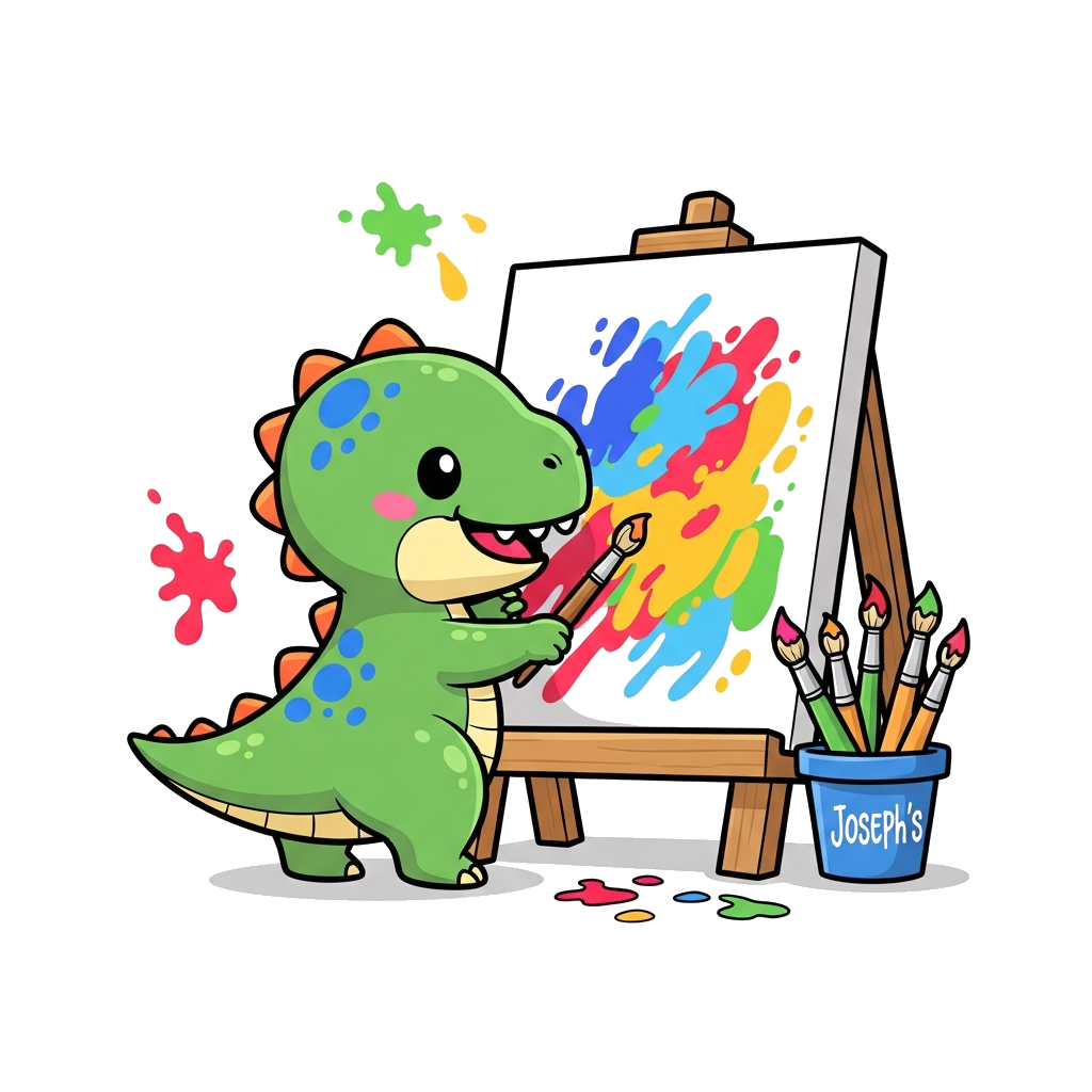 Custom design: A cute cartoon baby dinosaur painting a colorful abstract picture on a large canvas, with paint splatters and brushes...
