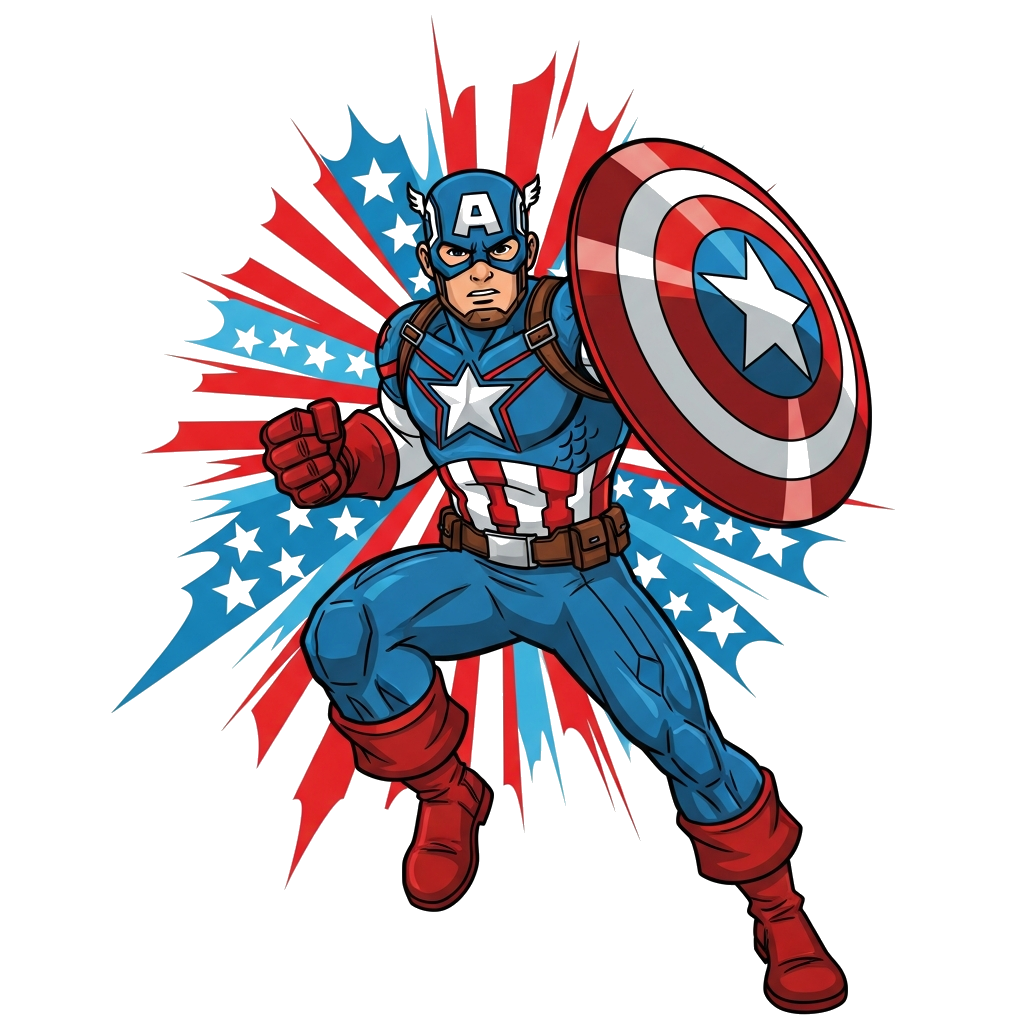 Custom design: A dynamic, bold illustration of Captain America in an iconic heroic pose, shield raised, with a vibrant, energetic ba...
