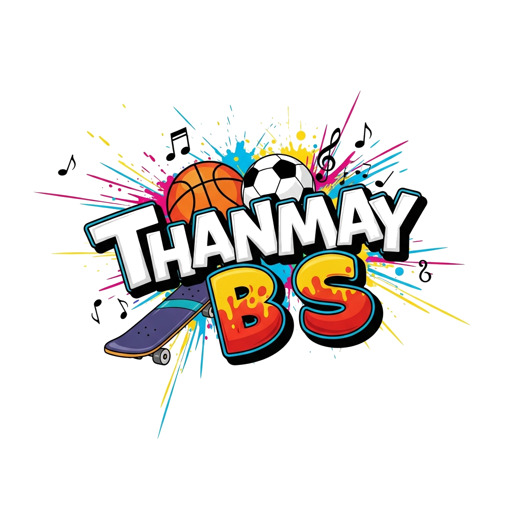 Custom design: A dynamic illustration of a stylized 'Thanmay B S' text integrated with cool graffiti-style sports elements like a ba...
