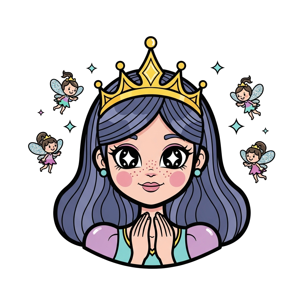 Custom design: A whimsical cartoon princess with sparkling eyes and a friendly smile, surrounded by tiny, adorable fairy friends wit...
