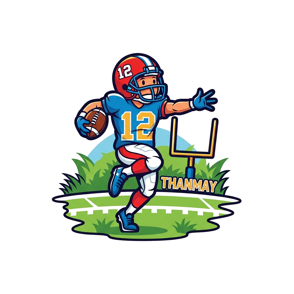 Custom design: A dynamic cartoon illustration of a football player in action, with a stylized '12' integrated into the design, and '...