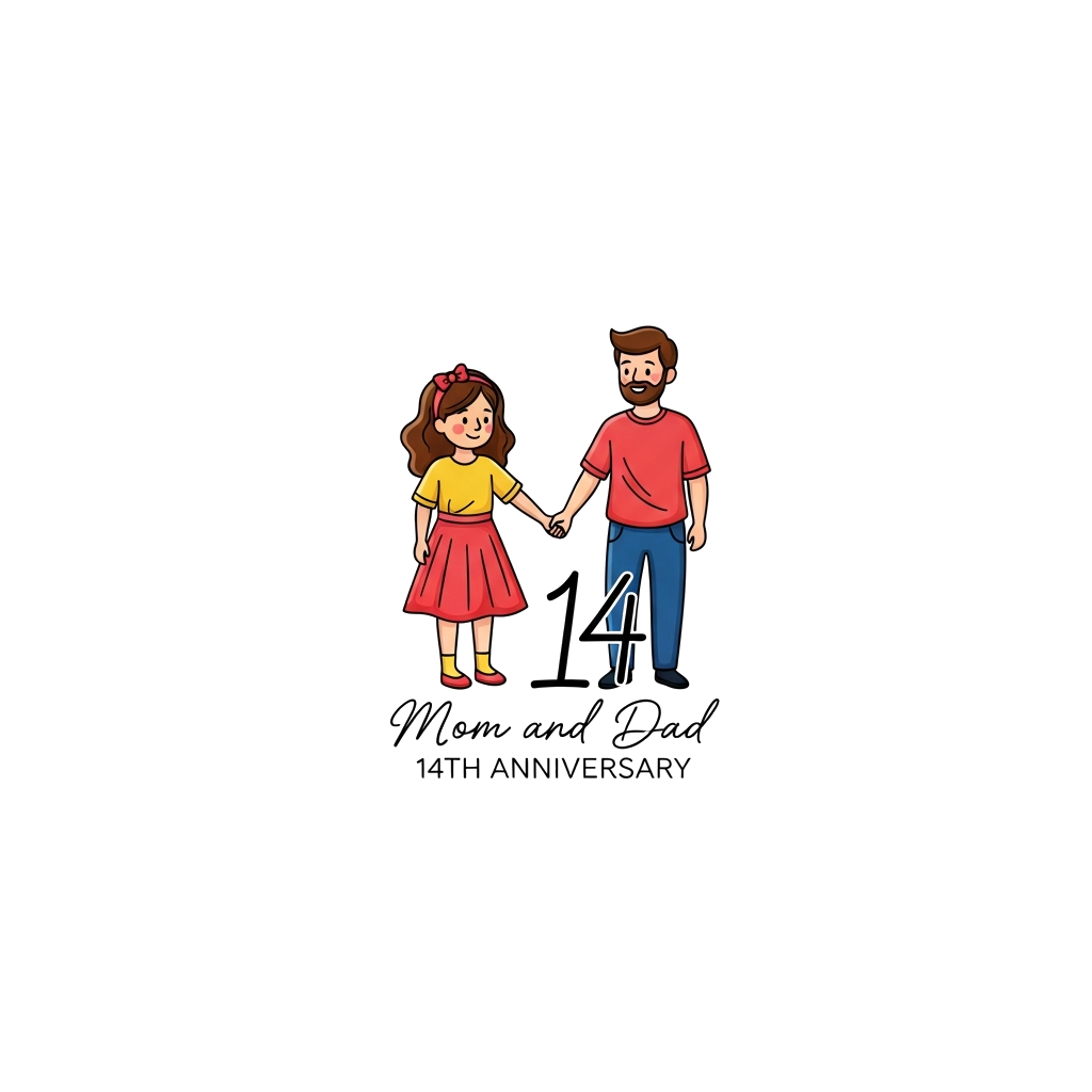 Custom design: A minimalist line art illustration of two abstract figures (representing Mom and Dad) holding hands, with a subtle '1...