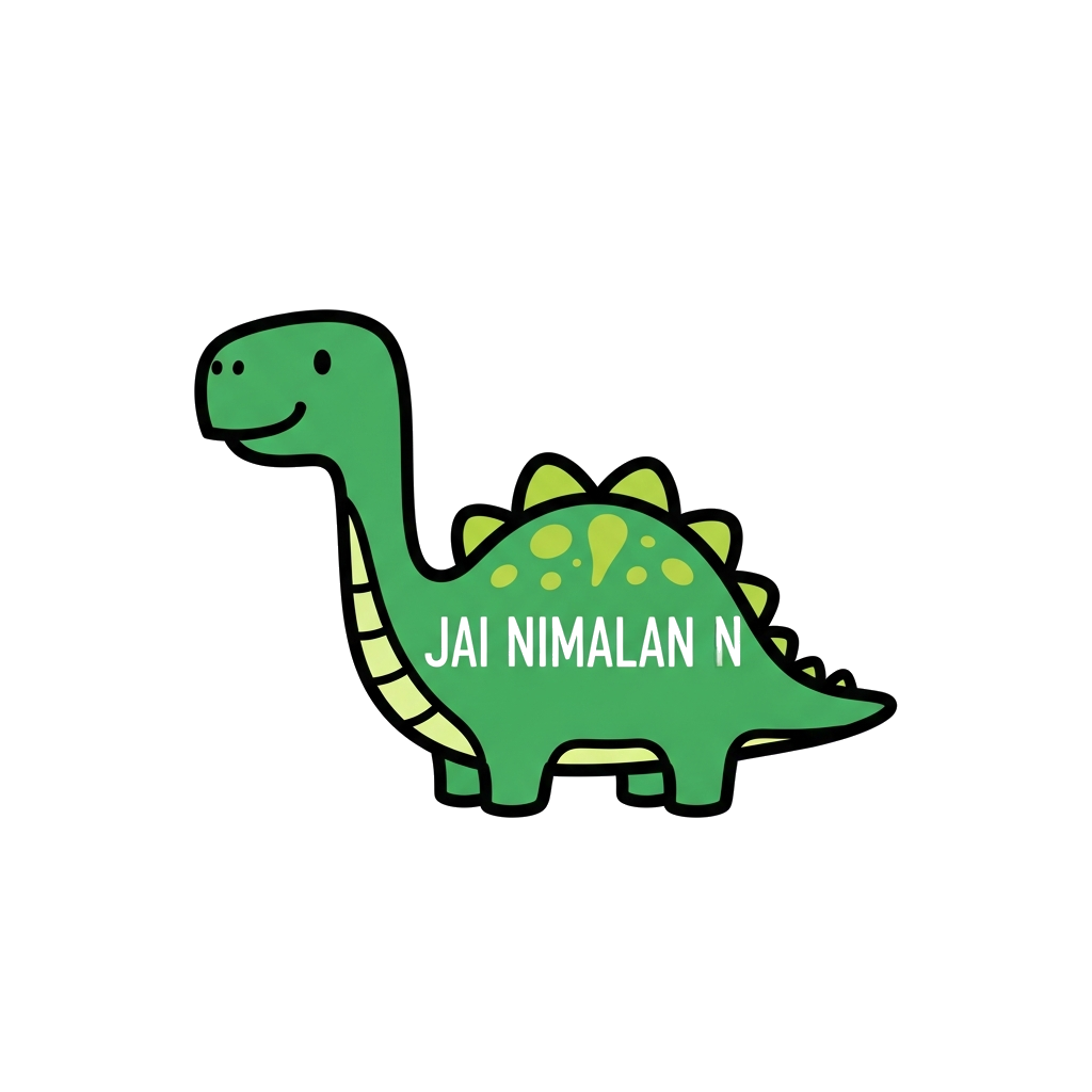 Custom design: A minimalist illustration of a friendly green dinosaur silhouette, with 'Jai Nimalan N' subtly integrated into the de...