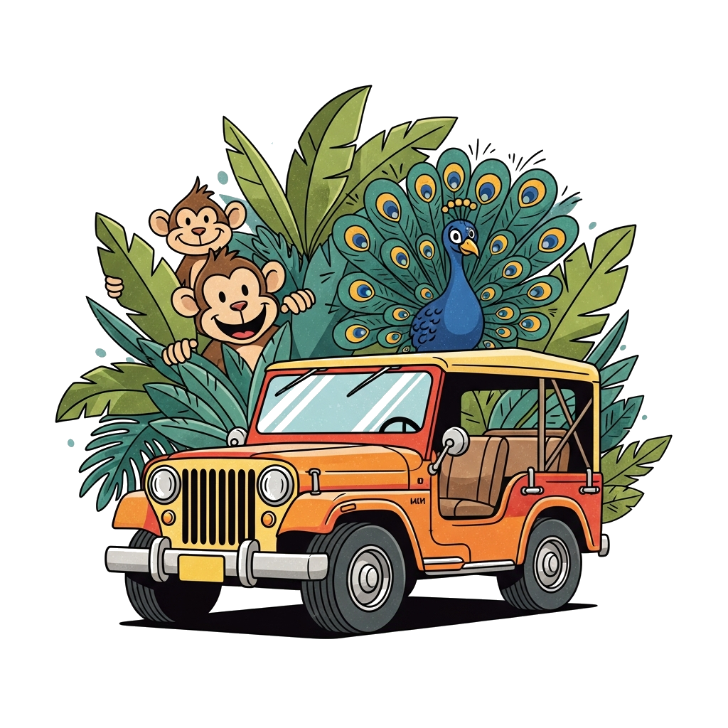 Custom design: A charming vintage illustration of a classic 1950s-style jeep exploring a lush, stylized Indian jungle, with friendly...
