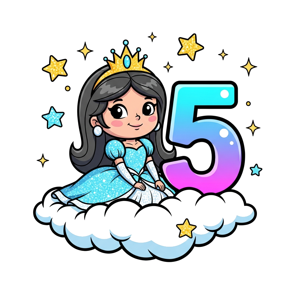 Custom design: A charming cartoon princess, with a friendly smile and big eyes, wearing a sparkly gown and a crown, sitting on a flu...