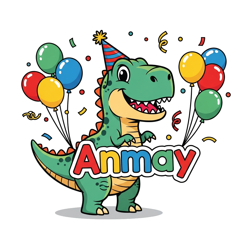 Custom design: A cheerful, cute cartoon T-Rex wearing a party hat, surrounded by colorful balloons and confetti, with the name 'Anma...
