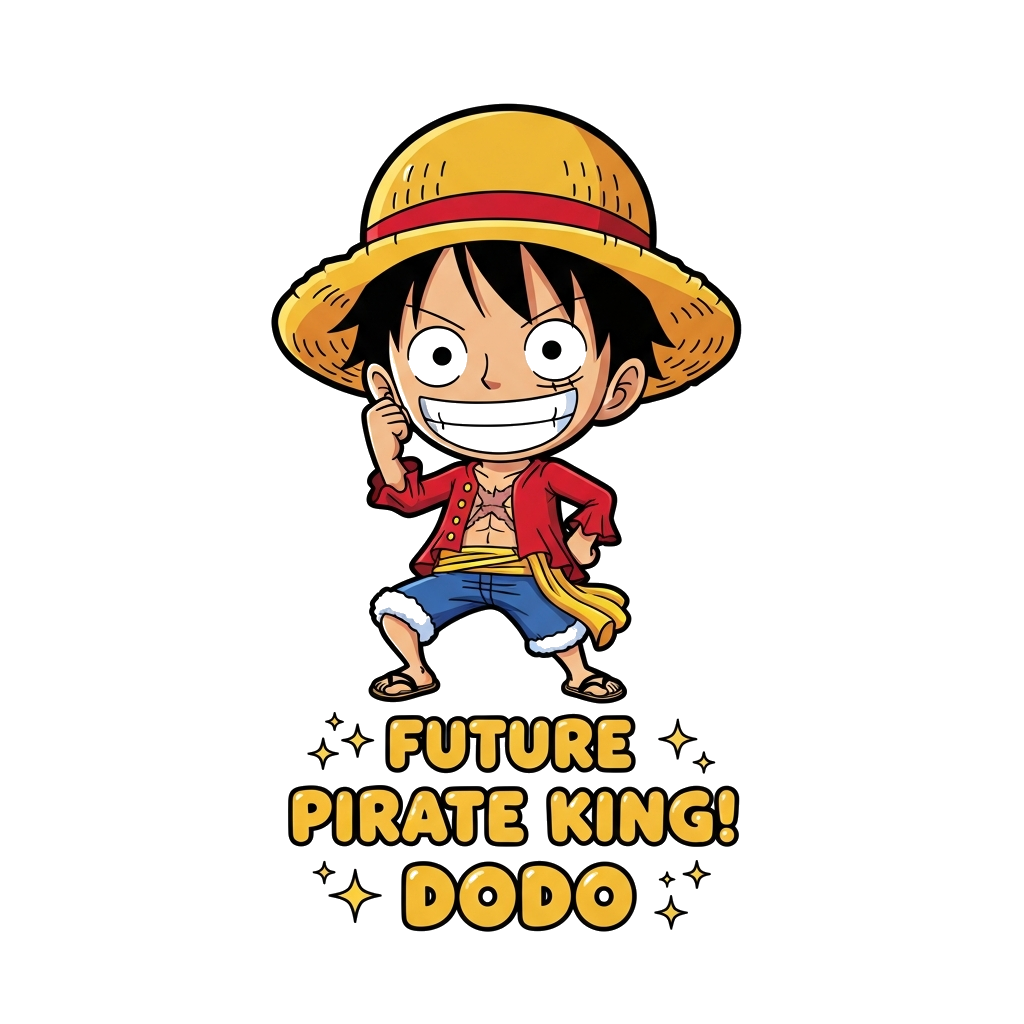 Custom design: A super cute, chibi Monkey D. Luffy from One Piece, with his iconic straw hat and a big cheerful grin, striking a pla...