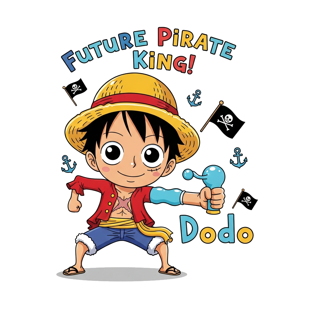 Custom design: A charming, kawaii-style illustration of Monkey D. Luffy, with oversized eyes and a sweet smile, doing a 'Gum-Gum Pis...