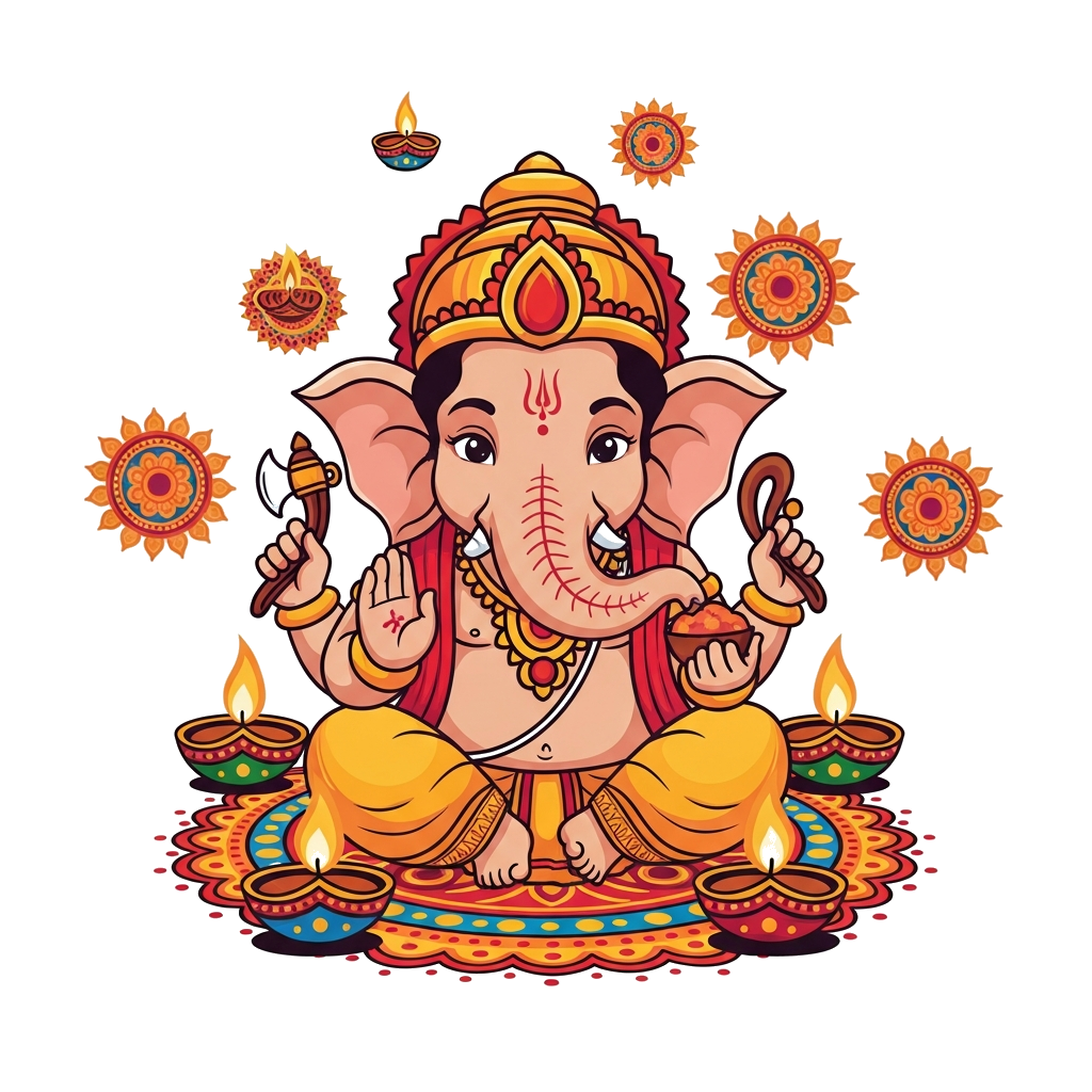 Custom design: A charming, child-friendly illustration of a happy Lord Ganesha, surrounded by glowing diyas and intricate rangoli pa...