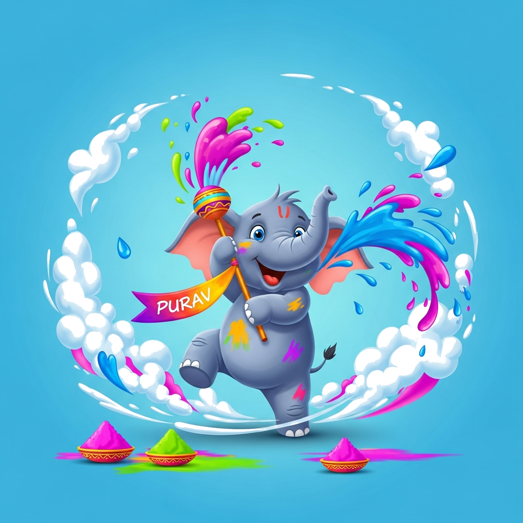 Custom design: A cheerful cartoon baby elephant playfully splashing vibrant Holi colors with a pichkari, surrounded by dynamic gulal...