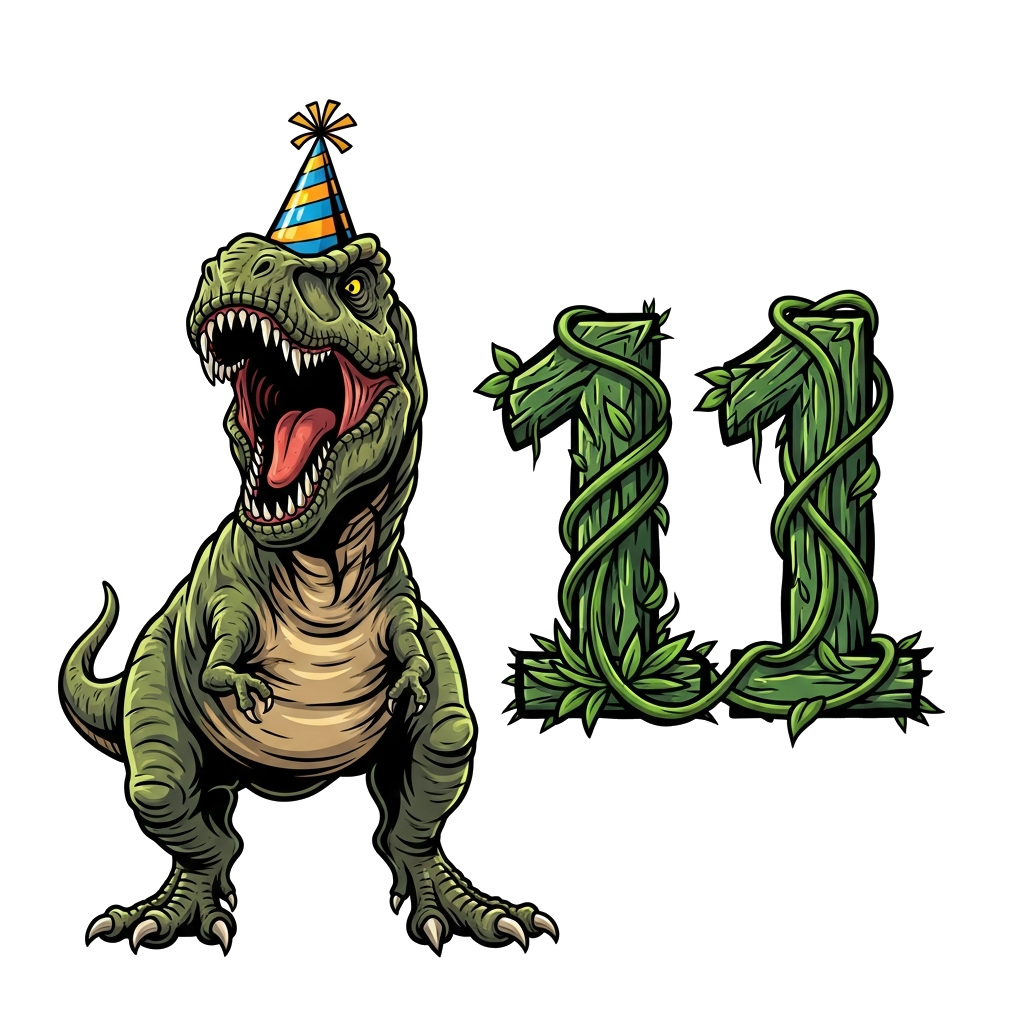 Custom design: A powerful Tyrannosaurus Rex, roaring with excitement, wearing a cool birthday party hat, with the number '11' clever...
