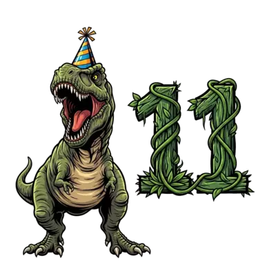 Design: A powerful Tyrannosaurus Rex, roaring with excitement, wearing a cool birthda...