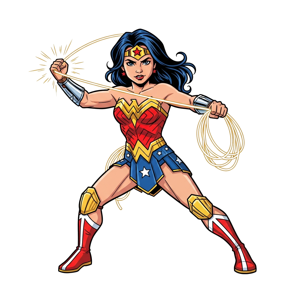 Custom design: A powerful and dynamic illustration of a young Wonder Woman in a heroic action pose, with her lasso glowing, in a bol...