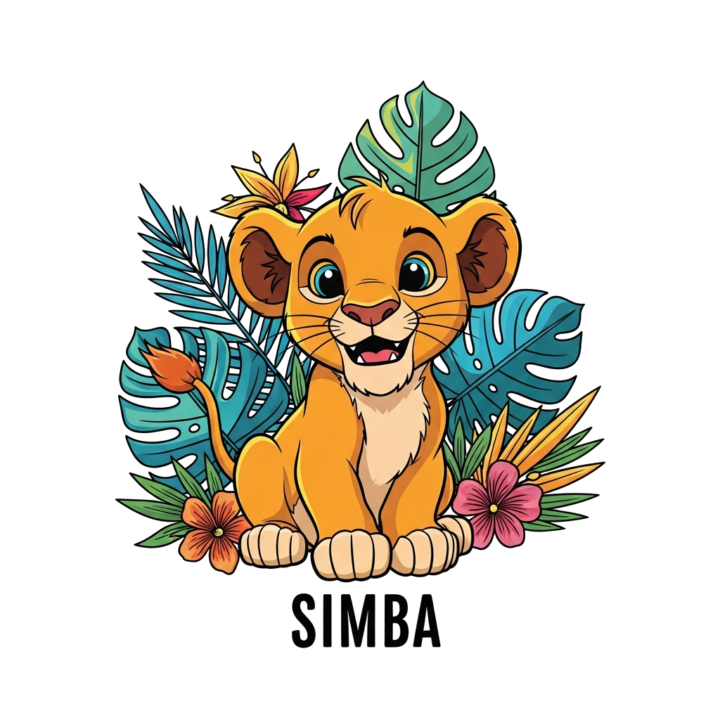 Custom design: A vibrant, playful cartoon baby lion cub named 'Simba' with a friendly smile, surrounded by colorful jungle leaves an...
