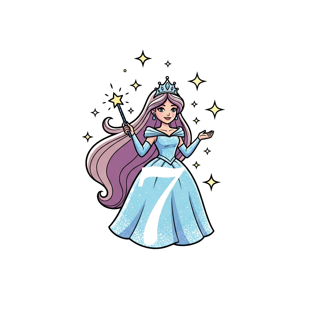 Custom design: A majestic cartoon princess with long flowing hair, wearing a shimmering gown, holding a magical wand, surrounded by ...