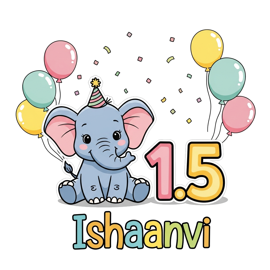 Custom design: A super cute cartoon baby elephant, wearing a tiny party hat, sitting next to a big number '1.5' (or '18 months'), su...