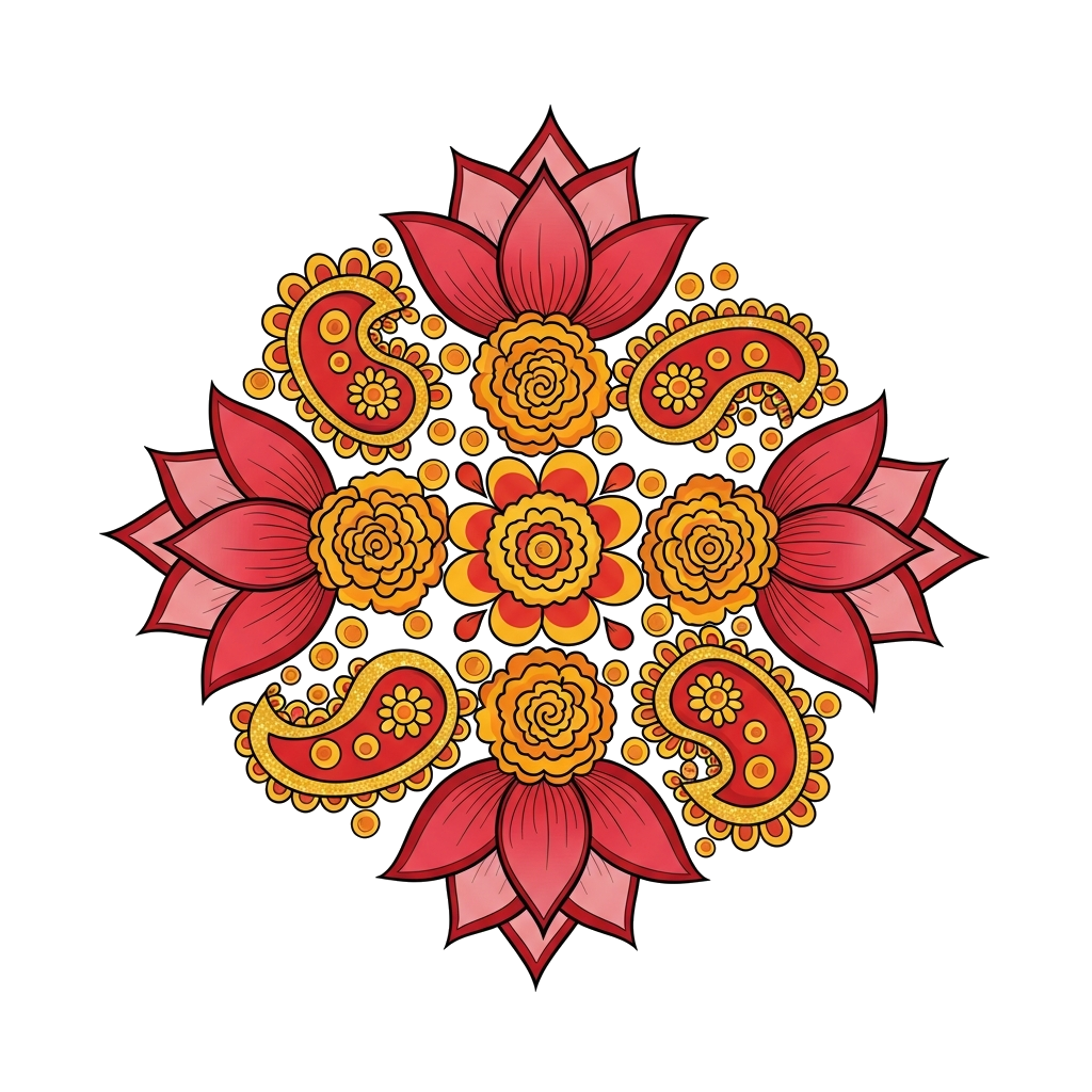 Custom design: A vibrant, intricate traditional Indian rangoli pattern, with rich shades of red as the dominant color, accented with...