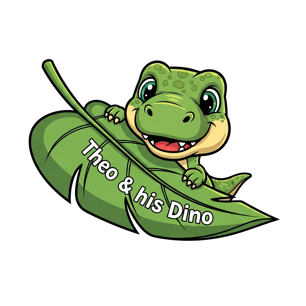 Custom design: A super cute baby T-Rex cartoon, with big friendly eyes, playfully peeking from behind a giant leaf, with the text 'T...