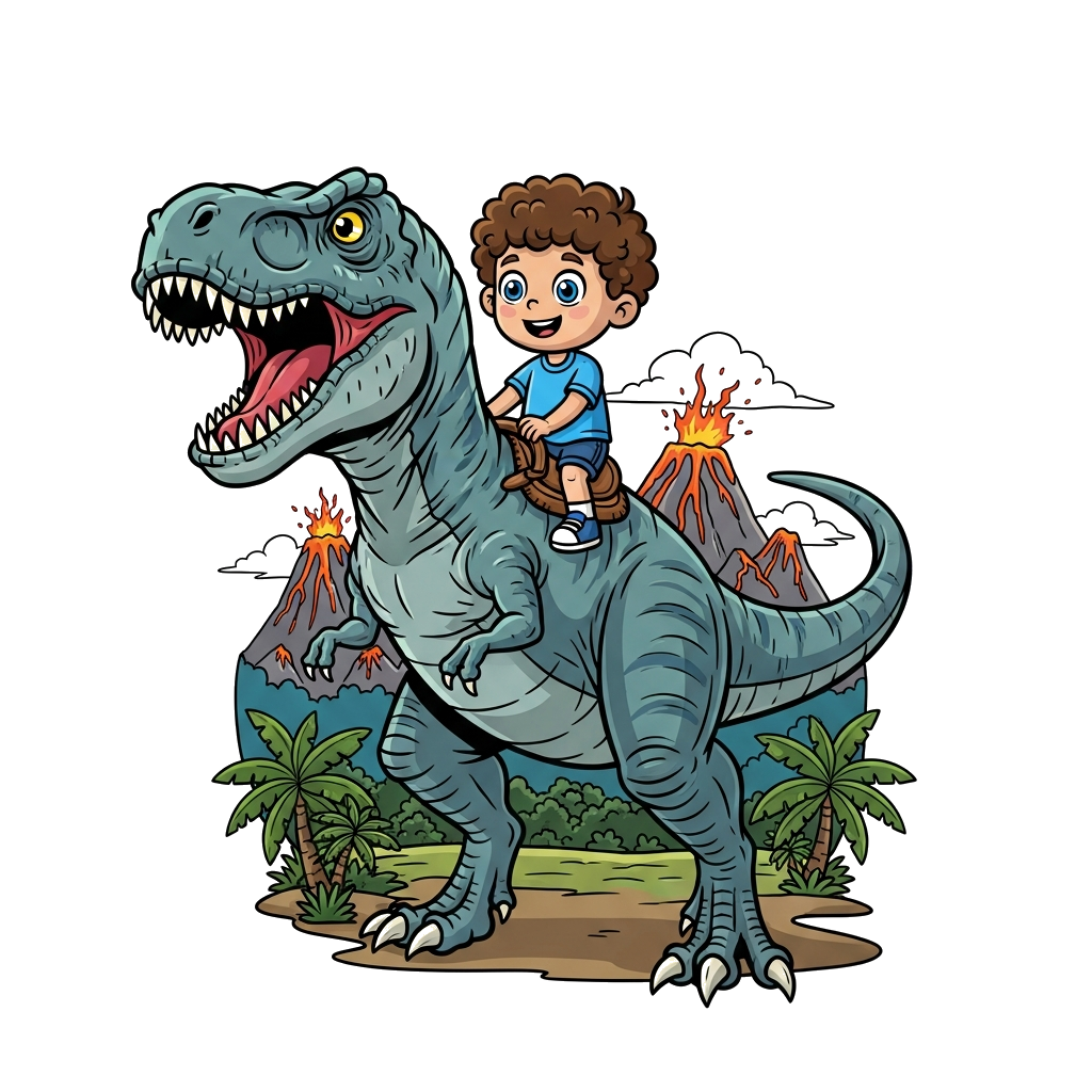 Custom design: A bold, realistic illustration of a 4-year-old boy with big eyes and curly hair, confidently sitting on the back of a...