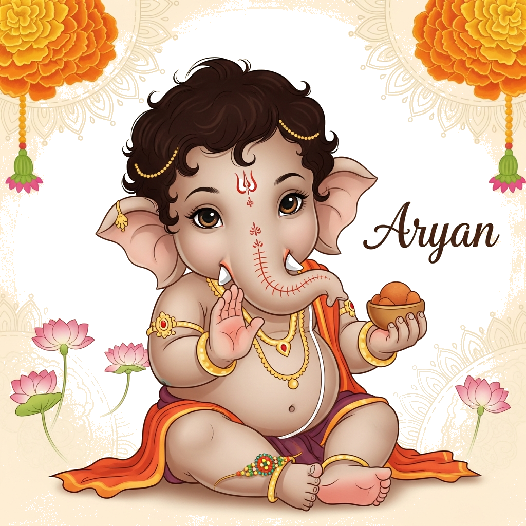 Custom design: A charming, traditional Indian illustration of a young, playful Bal Ganesh, adorned with subtle gold jewelry and a sm...