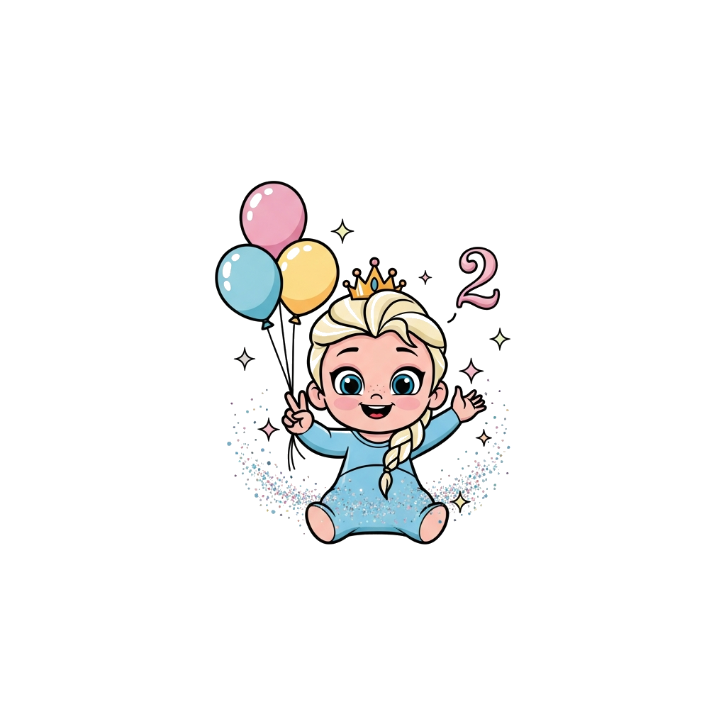 Custom design: A cute cartoon baby princess named Elsa, with a tiny crown and a cheerful smile, holding up two fingers. She is surro...