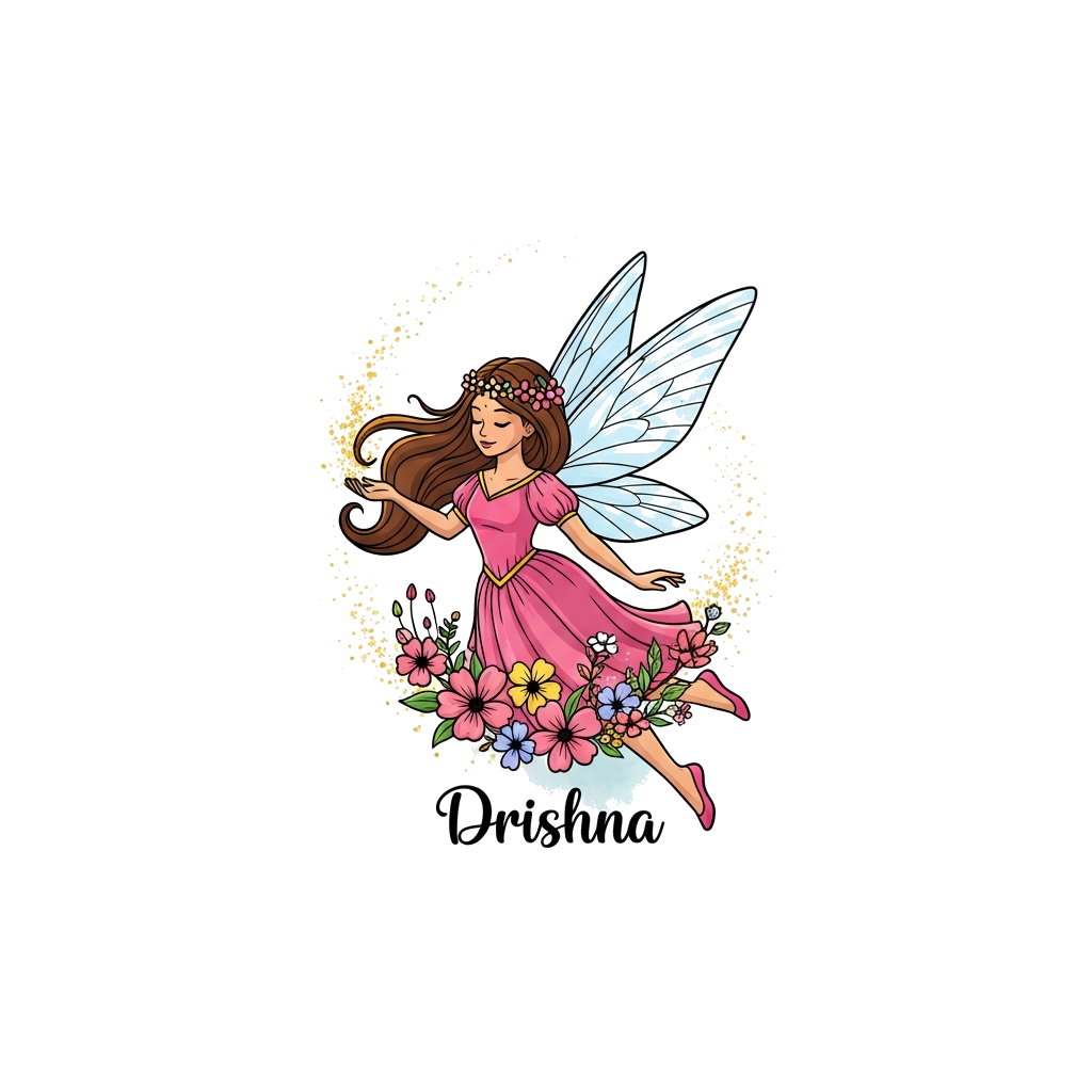 Custom design: An elegant illustration of a graceful fairy princess with long, flowing hair and delicate, translucent wings, surroun...