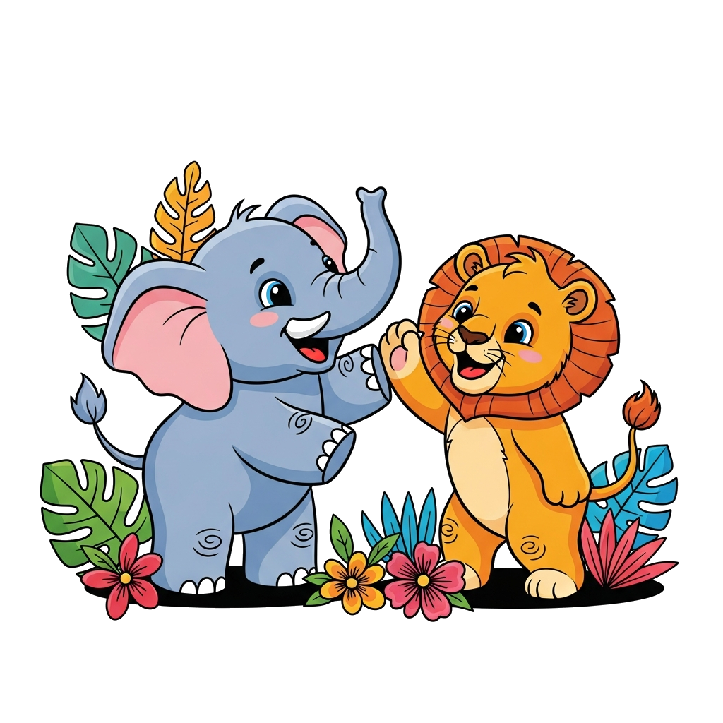Custom design: A whimsical illustration of a happy baby elephant and a playful lion cub high-fiving, surrounded by colorful jungle l...