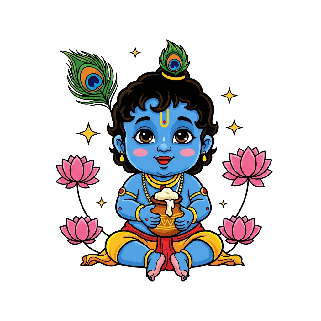 Custom design: A charming cartoon baby Krishna (Laddu Gopal) with a peacock feather, holding a tiny pot of butter, surrounded by mod...