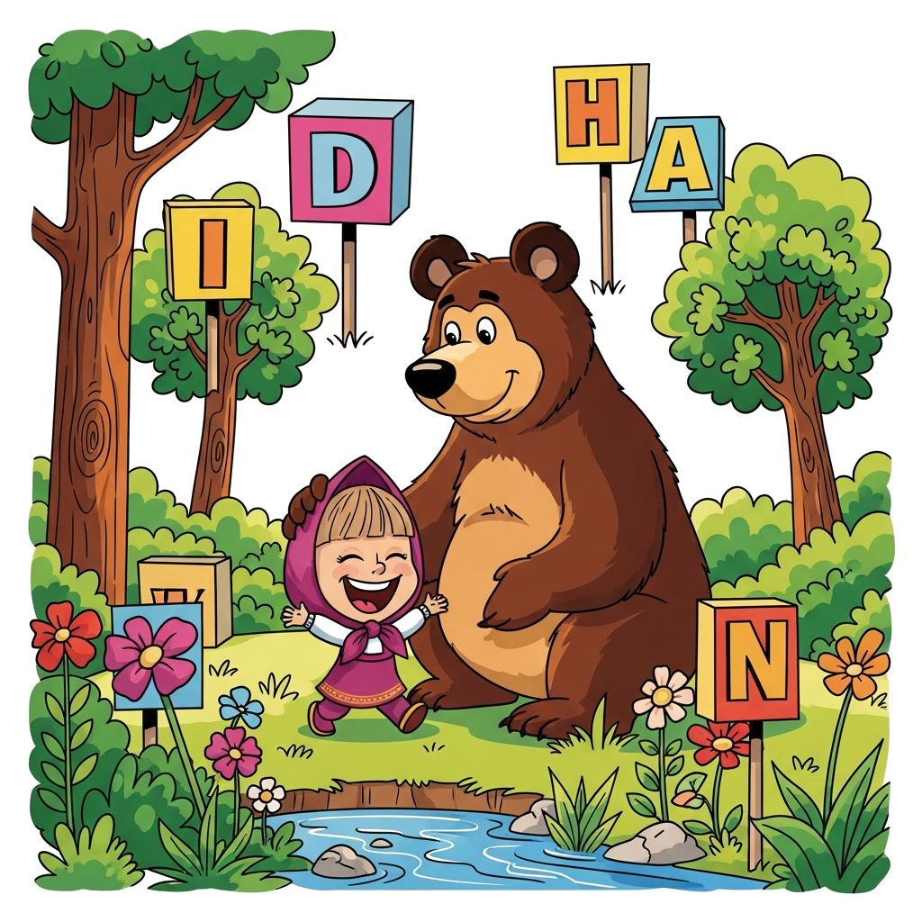 Custom design: A super cute cartoon illustration of Masha and Bear joyfully playing together in a vibrant forest clearing. Masha is ...