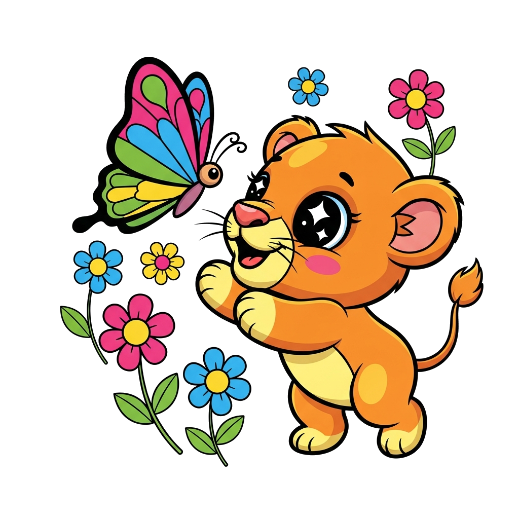 Custom design: A super cute and friendly cartoon lion cub with big, sparkling eyes, playfully pouncing on a colorful butterfly, surr...