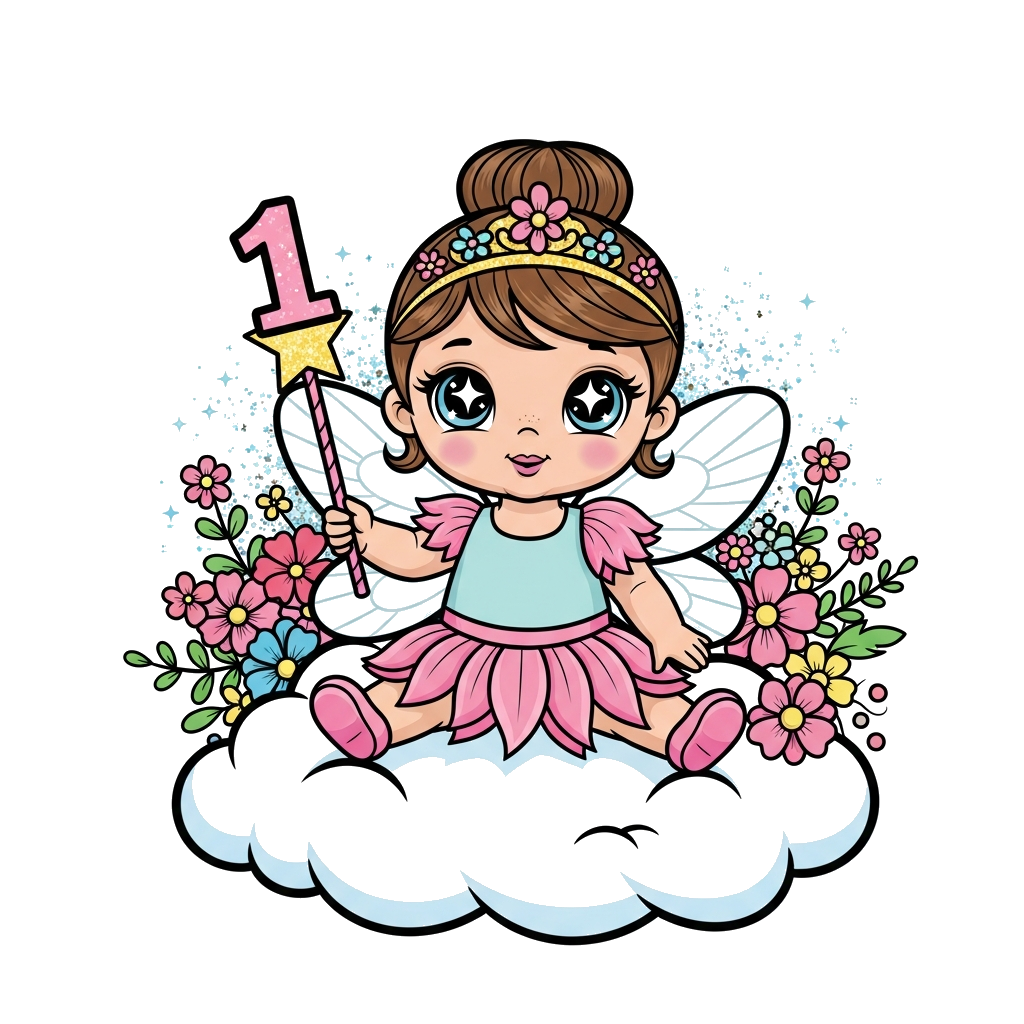 Custom design: A super cute baby fairy princess, cartoon style, with big sparkling eyes and tiny wings, sitting on a fluffy cloud ho...
