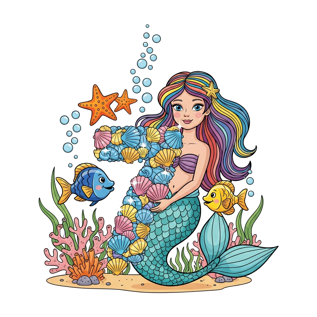 Custom design: A beautiful cartoon mermaid with flowing, colorful hair, holding a shimmering '7' made of seashells, surrounded by fr...