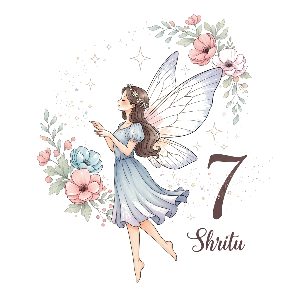 Custom design: A whimsical illustration of a graceful fairy with delicate, translucent wings, surrounded by shimmering stars and sof...