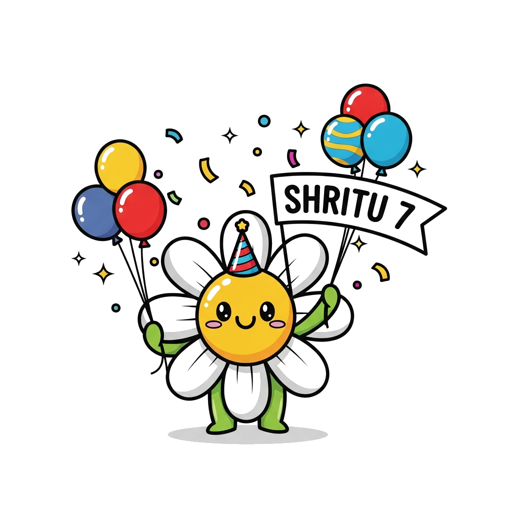 Custom design: A super cute cartoon happy daisy flower character wearing a tiny birthday hat, surrounded by sparkling confetti and c...