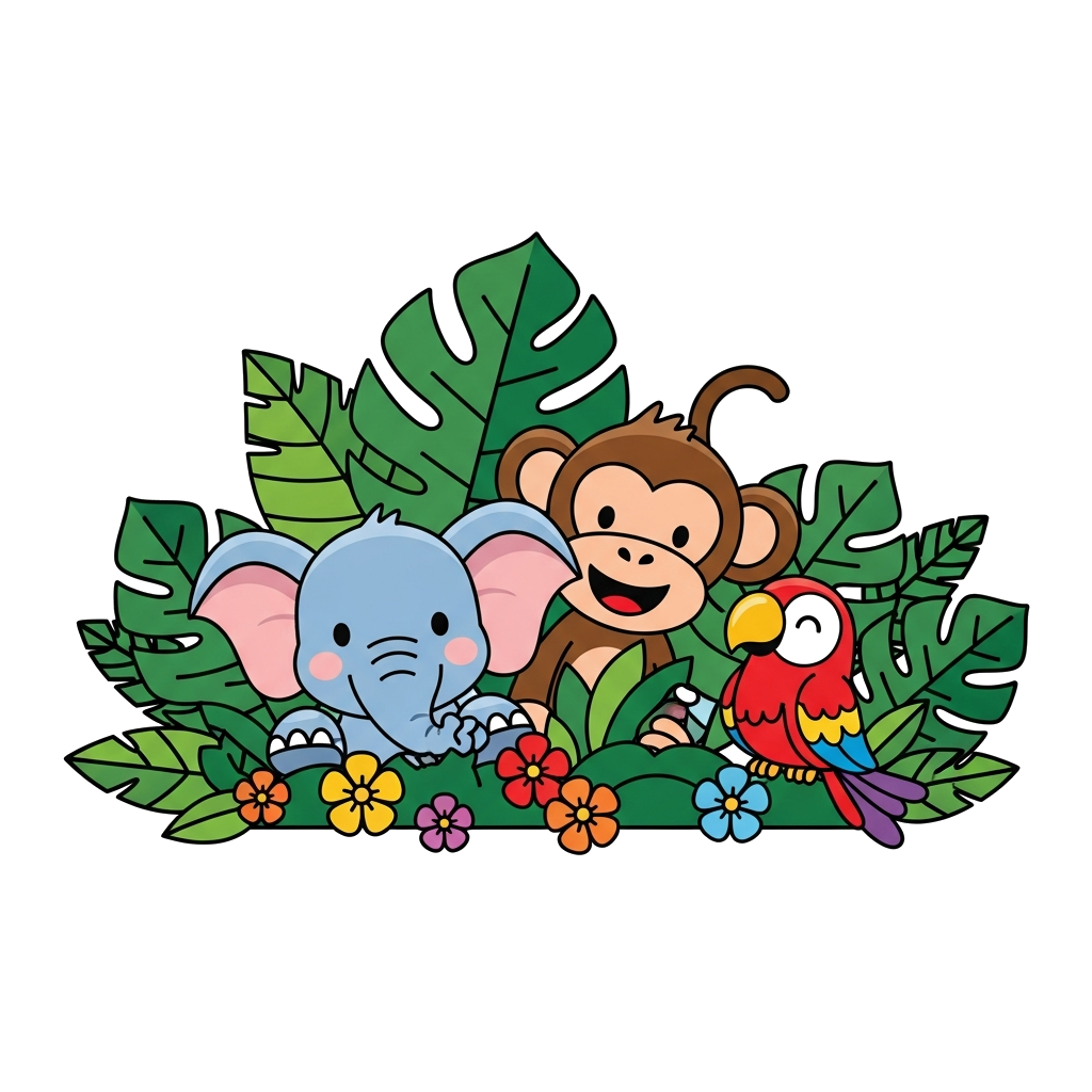 Custom design: A group of cute, stylized jungle animals like a baby elephant, a playful monkey, and a cheerful parrot, all smiling a...