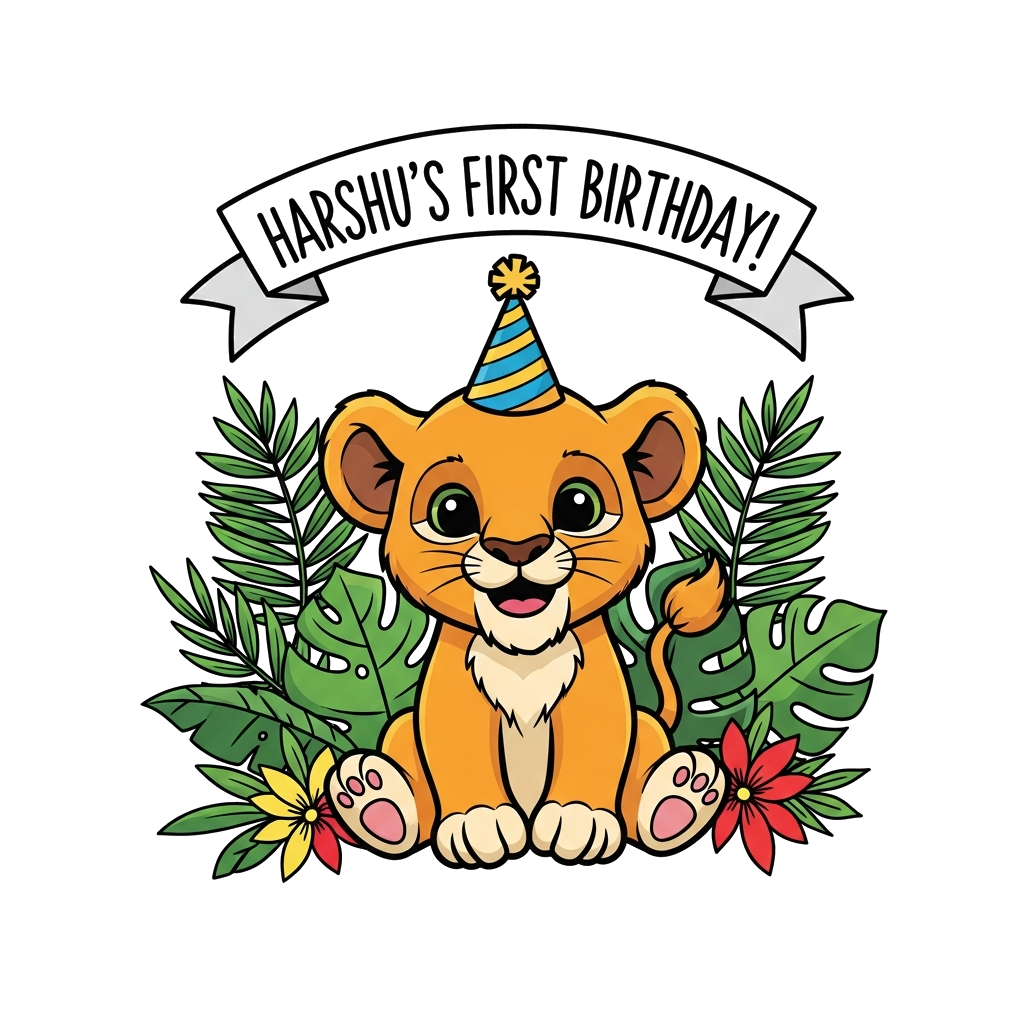 Custom design: A cheerful cartoon baby lion cub, wearing a tiny party hat, sitting amongst lush green jungle leaves and tropical flo...