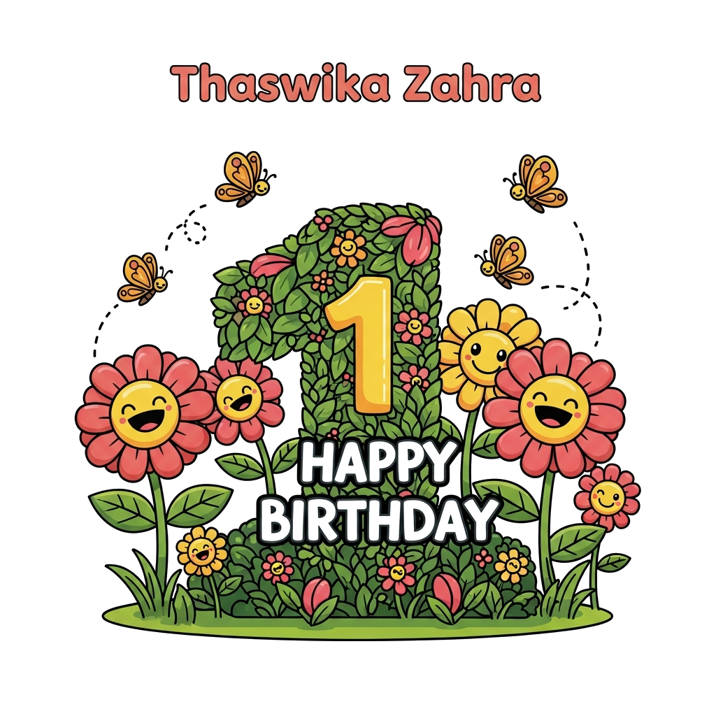 Custom design: A cheerful cartoon illustration for Thaswika Zahra's 1st birthday, featuring a whimsical garden scene with oversized,...